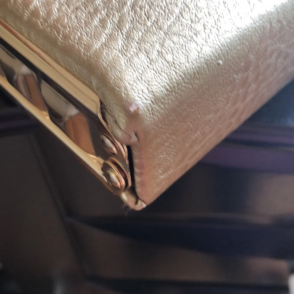 MMS gold metal and leather box clutch with cross body chain. OS - Picture 6 of 11